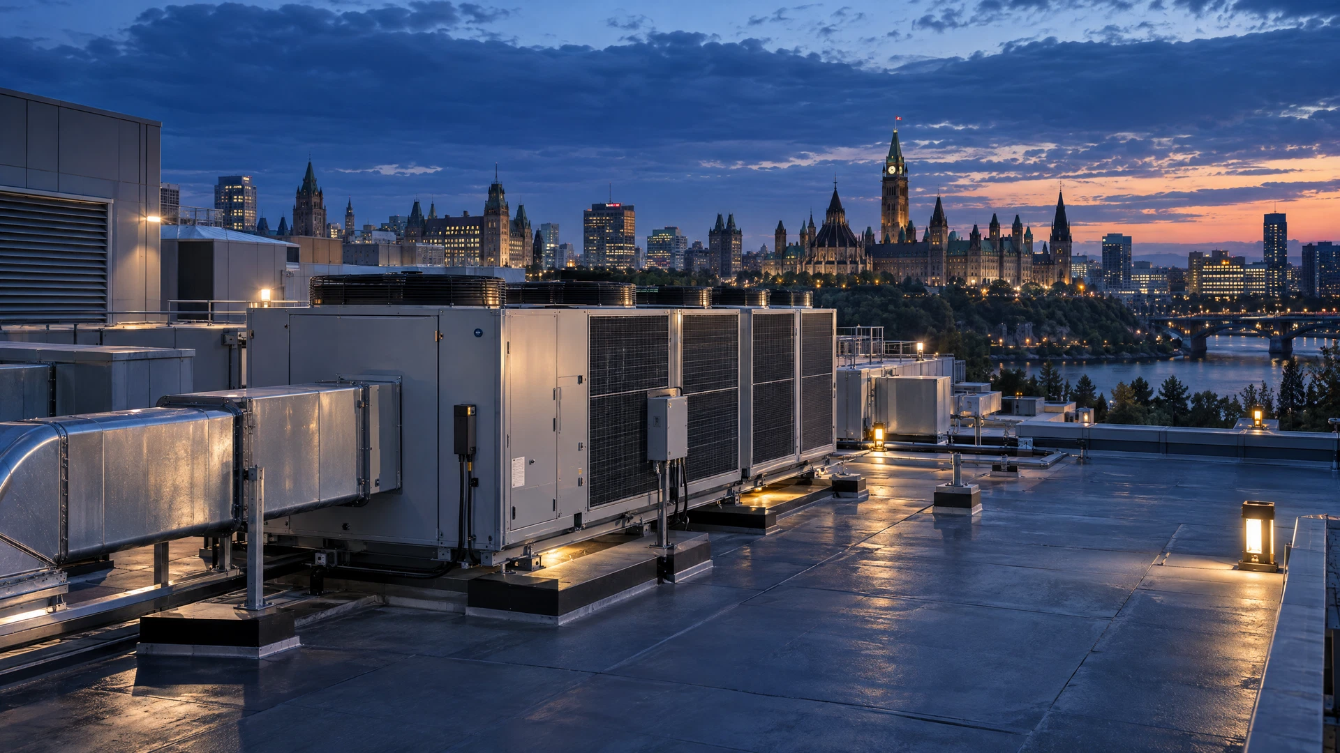 Commercial rooftop HVAC units on an Ottawa building at dusk