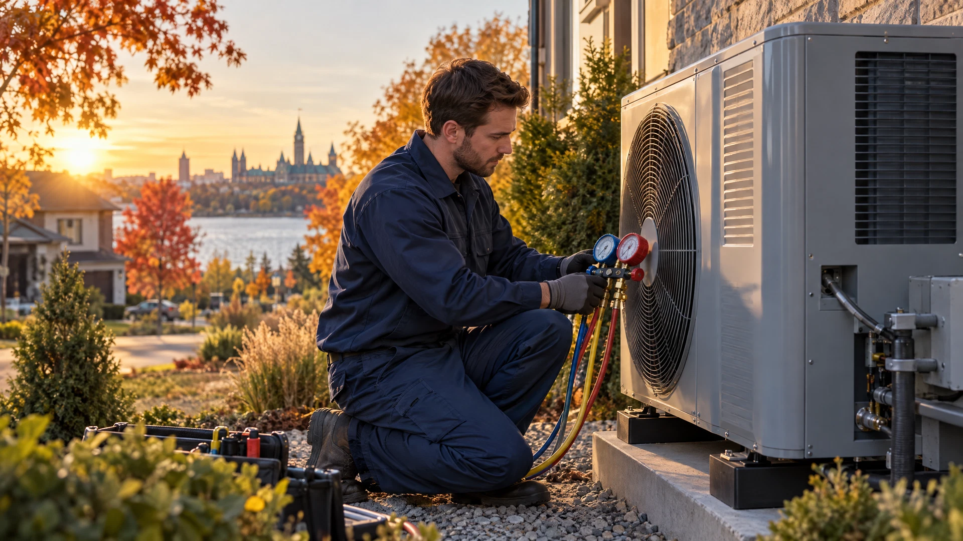 AIRMECHANICS technician servicing an outdoor heat pump beside a modern Ottawa home