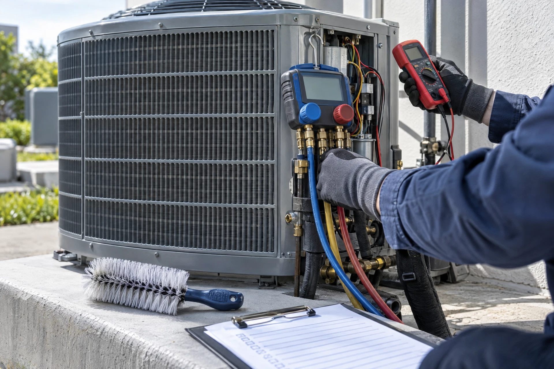 Technician performing a preventative maintenance tune-up on an air conditioner